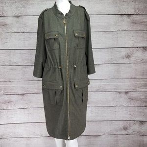 Calvin Klein 12 Military Style Zip up Shirt Dress Green Roll tab sleeve Pockets